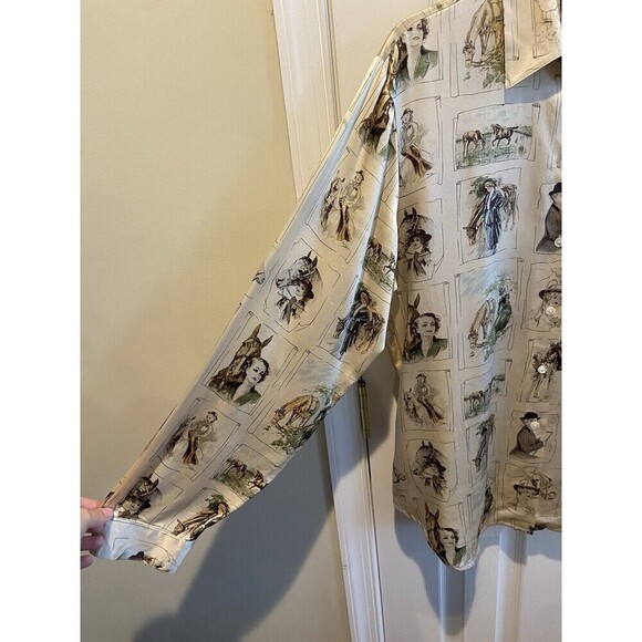 Vintage Ishyu Shirt Womens 12 Cream Silk Equestrian Horse Print Button Front 90s - Picture 11 of 15